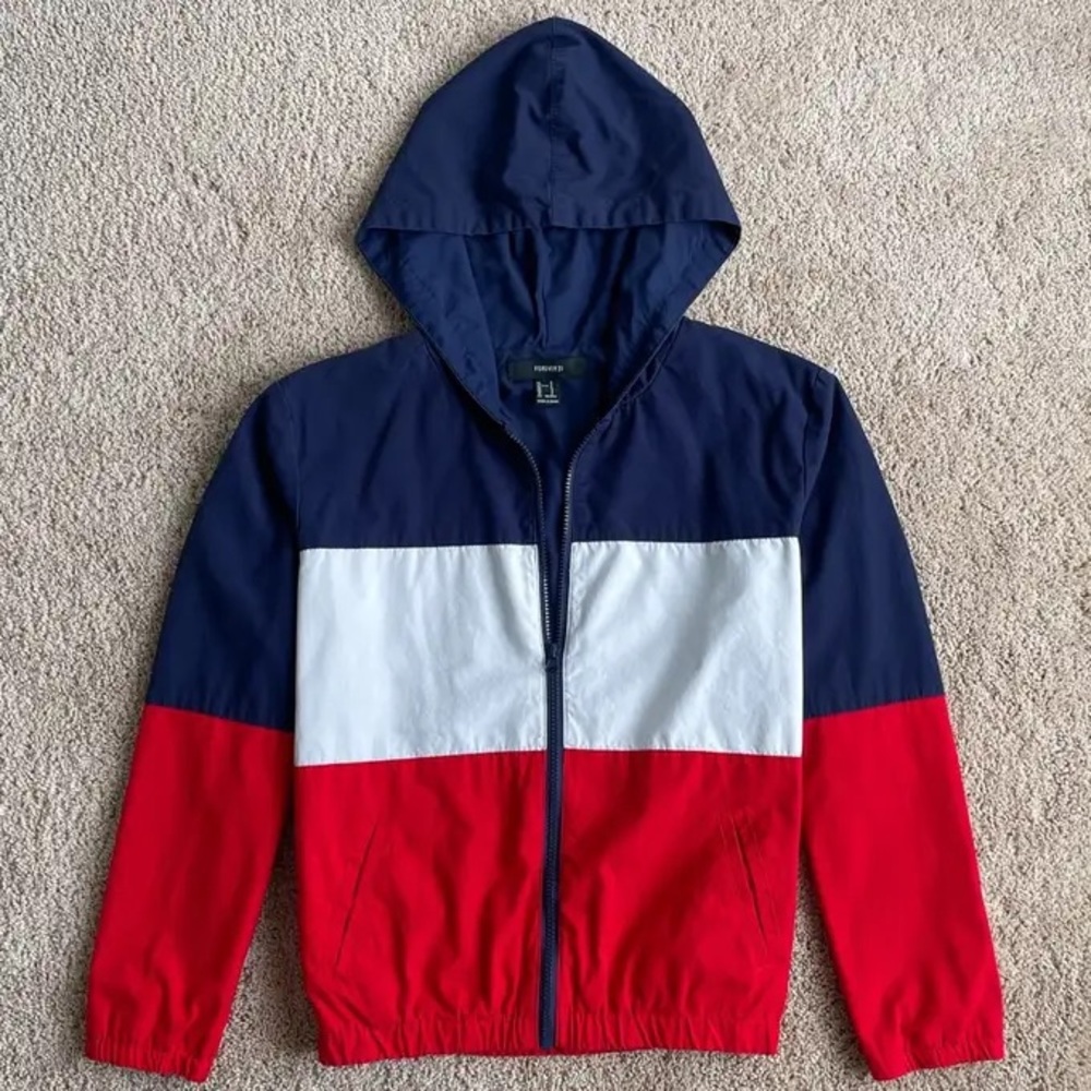 Forever 21 Striped Red, White, and Blue Hoodie Zip Up Jacket Size Medium